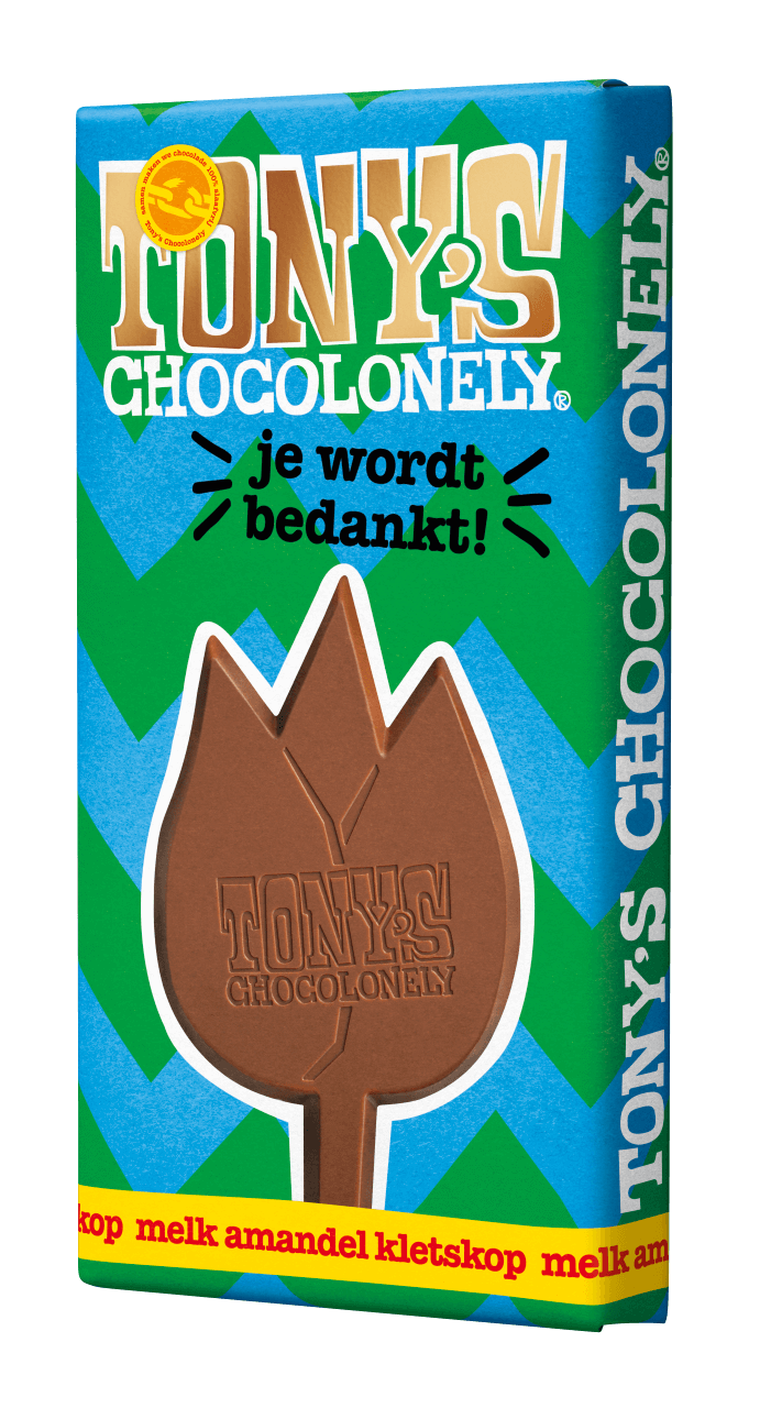 Tony's Chocolonely "Je Wordt Bedankt!" Melk Amandel Kletskop