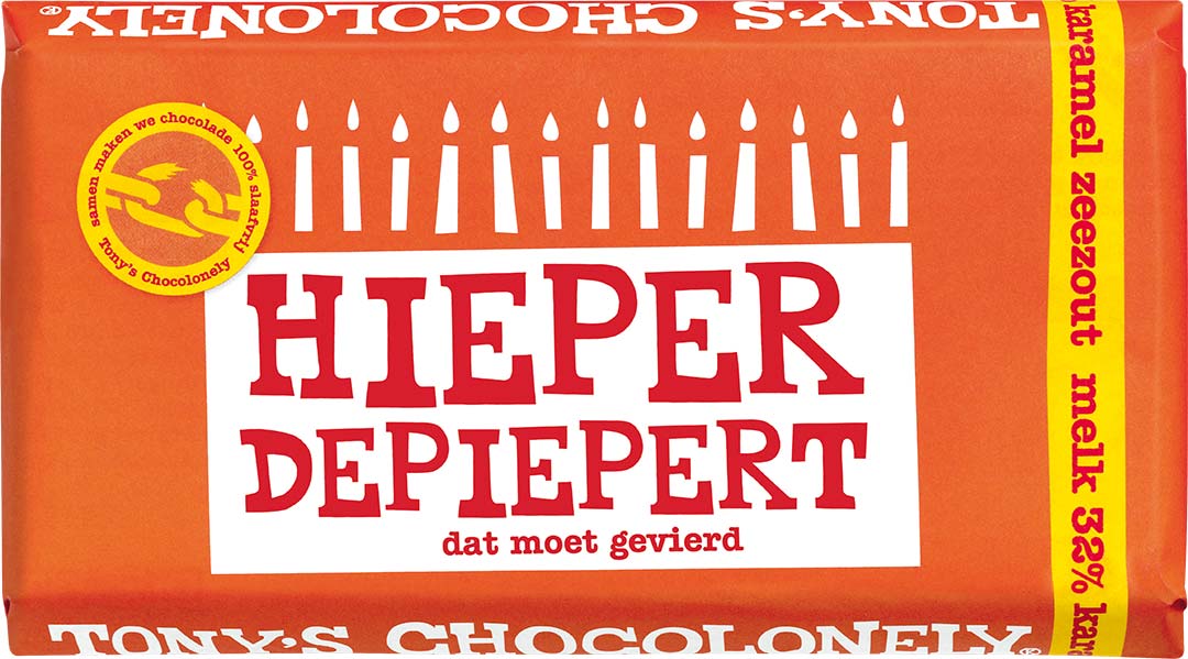 Tony's Chocolonely "Hieper de Piepert" Melk Karamel Zeezout