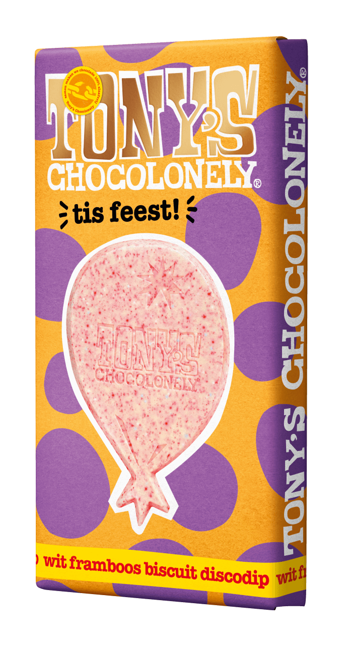 NIEUW: Tony's Chocolonely "Tis Feest!" Wit Framboos Biscuit & Discodip