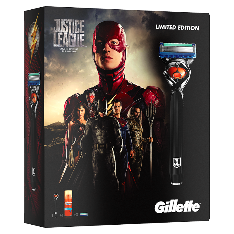 Gillette Fusion Geschenkset Flexball Justice League + 2 Mesjes + Scheergel 75 ml